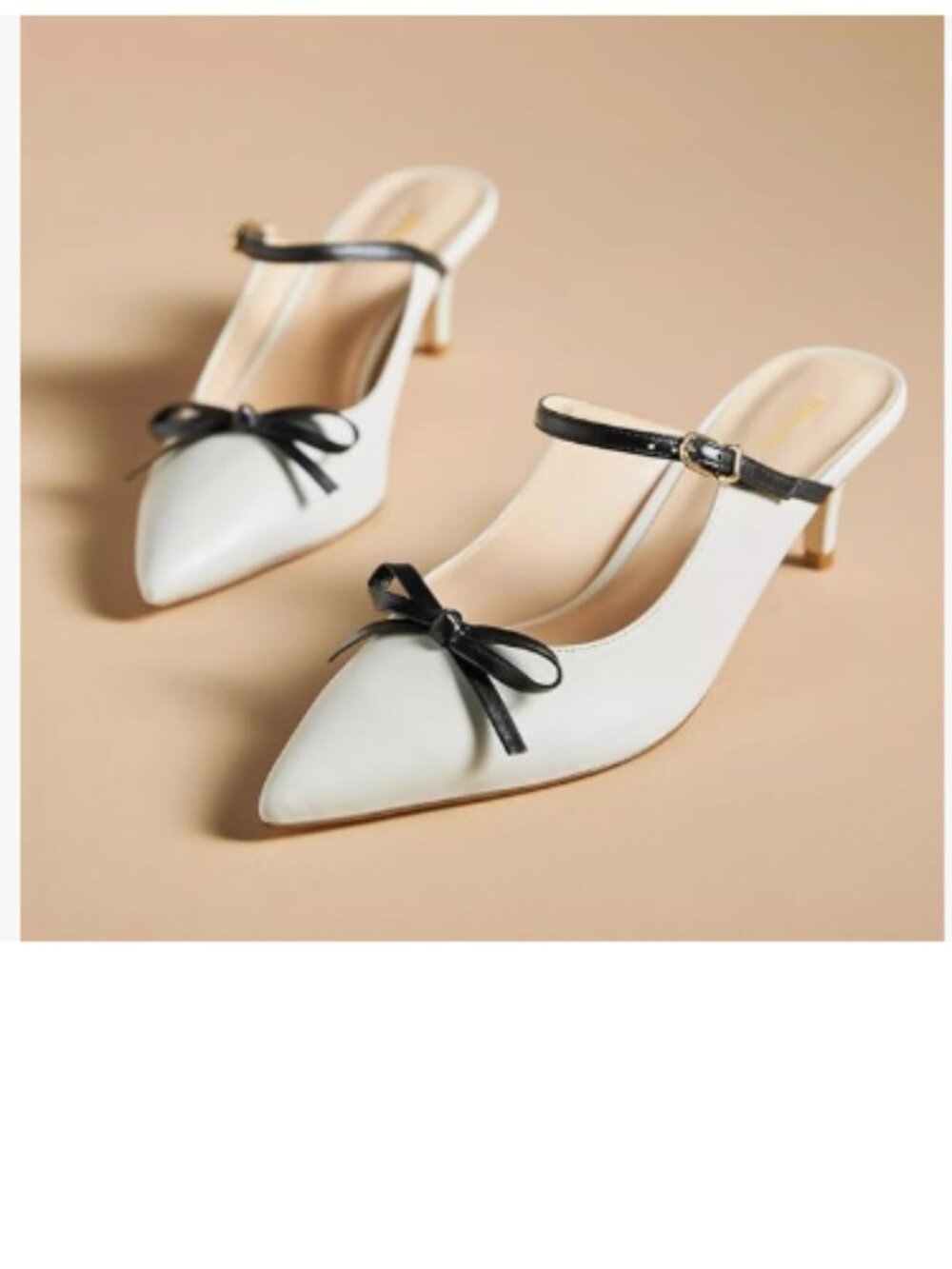 Wansseny White Bowknot Pointed Toe Slip On Mules Kitten Low Heel Ladies Shoes